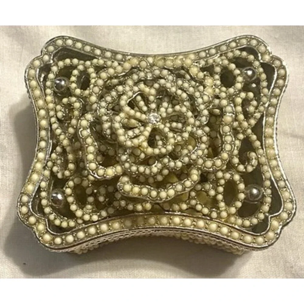 Vintage Silver Tone Beaded Trinket Box